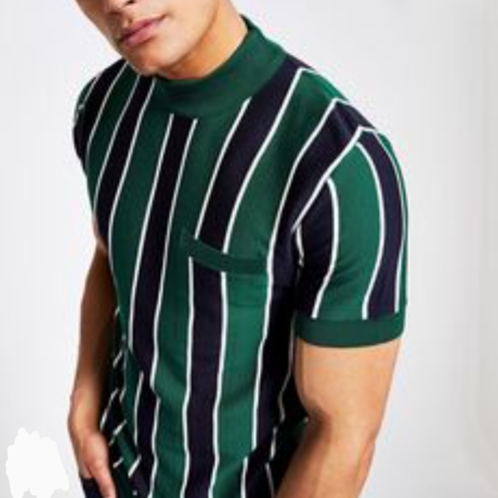 River Island Green Black Striped Knit Sweater Classic Retro Size S Excellent
